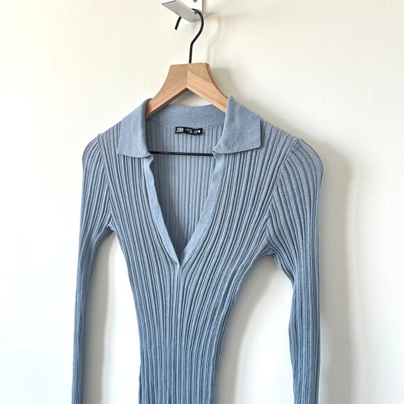 Zara Dusty Blue Ribbed V-Neck Polo Shirt Fitted Long Sleeve Top Size S - Picture 6 of 7